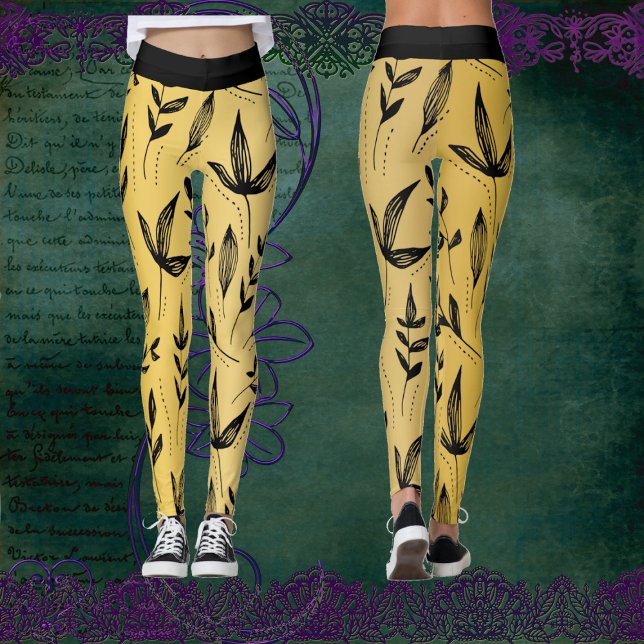 Chicen Guld och Black Löv Modern Art Minimalist Leggings (Gold and Black Leaves Chic Modern Art Minimalist Leggings)