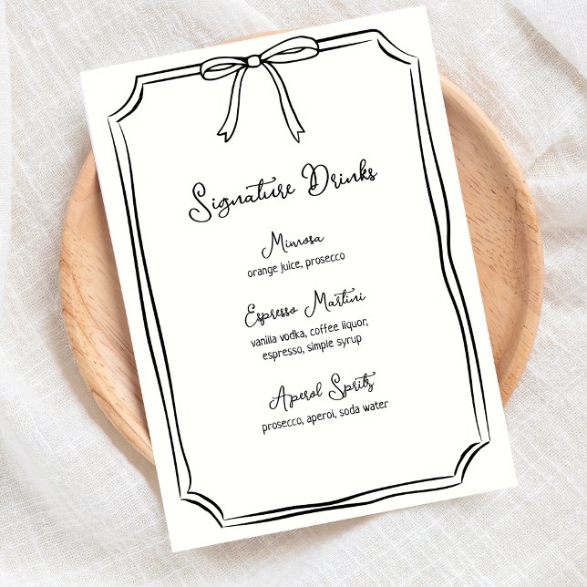 Chicen hand plockade Bow Coquette Namnteckning dri Meny (Stylish black and white signature drinks menu with bow design, for a classic chic event.)