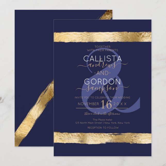 Chicen Luxury Guld Brushstroke Gräns Bröllop Inbjudningar (Fram/baksida)