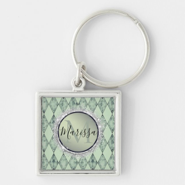 Chicen Mint Grönt Harlequin Monogram Keychain Fyrkantig Silverfärgad Nyckelring (Framsidan)
