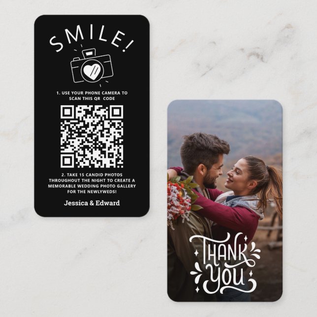 Chicen Modern Bröllop i QR-kod för svart Placeringskort (Fram/baksida)