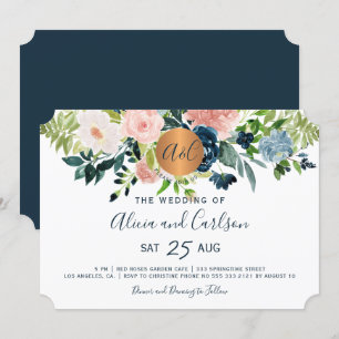 Chicen Navy blåa blommor monogrammed bröllop Inbjudningar