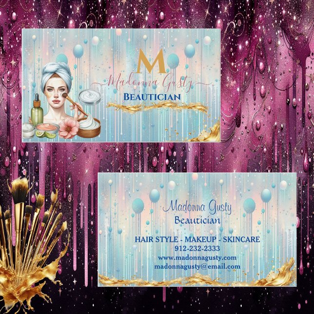 Chicen Pastel Blue Guld Monogram Beautician Visitkort (Dripping Pastel Blue Gold Monogram Beautician Chic Business Card)