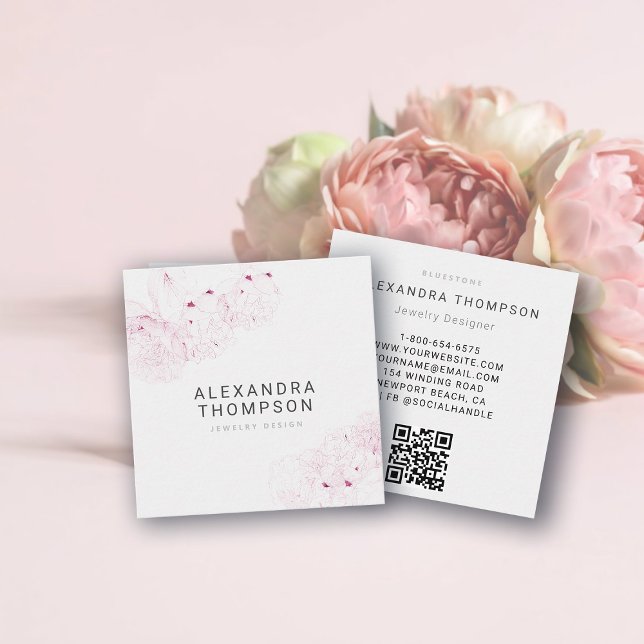 Chicen Peony Elegant Modern Minimalist Blommigt Sk Fyrkantigt Visitkort (floral business card pink peony sketch art modern elegant minimalist classy professional)