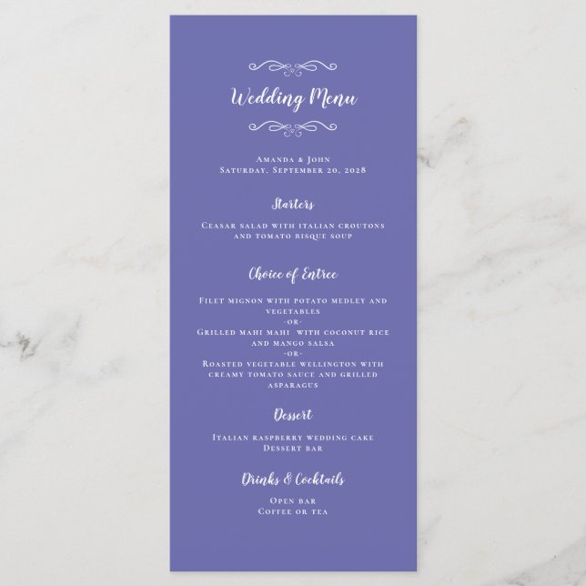 Chicen Periwinkle Blue elegant bröllop Calligraphy Meny (Framsida)
