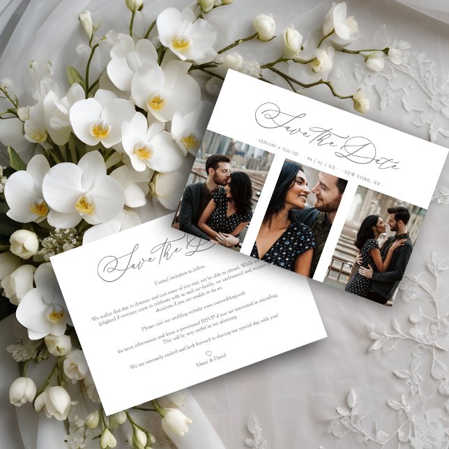 Chicen Romantic Bröllop 3 Photos Collage Spara Datumet (Engaged Chic Romantic Wedding 3 Photos Collage Save the Date with Envelope. )