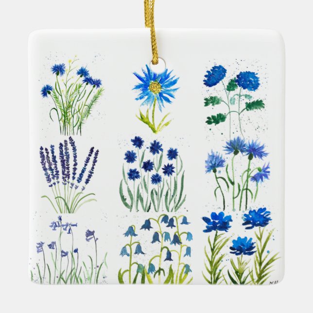 Chicen Rustic för vattenfärgssamling i Blåa blommo Julgransprydnad Keramik (Framsida)