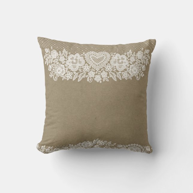 Chicen Rustic Kraft & White Snöre Lacy Farmhouse Kudde (Framsida)