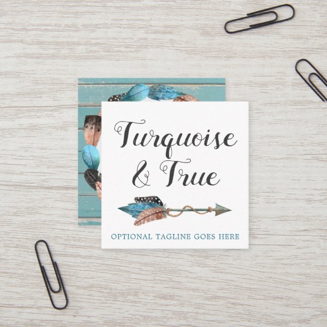 Chicen Rustic Turcos Wood & Feather Arrow Boho Fyrkantigt Visitkort (Fram/Back In Situ)