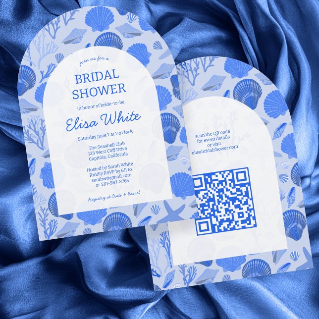 Chicen Seashells Möhippa Beach ANPASSNINGSBAR QR A Inbjudningar (Seashells Bridal Shower Chic Beach CUSTOM QR Arch Invitation
)