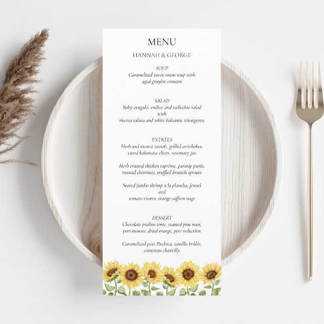 Chicen Solros Bröllop Barn Modern Elegant Meny (Sunflowers Wedding Menu)