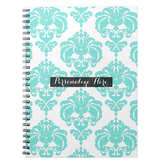 Chicen Teal & White Damask Modern Elegant Mönster Anteckningsbok Med Spiral (Framsidan)