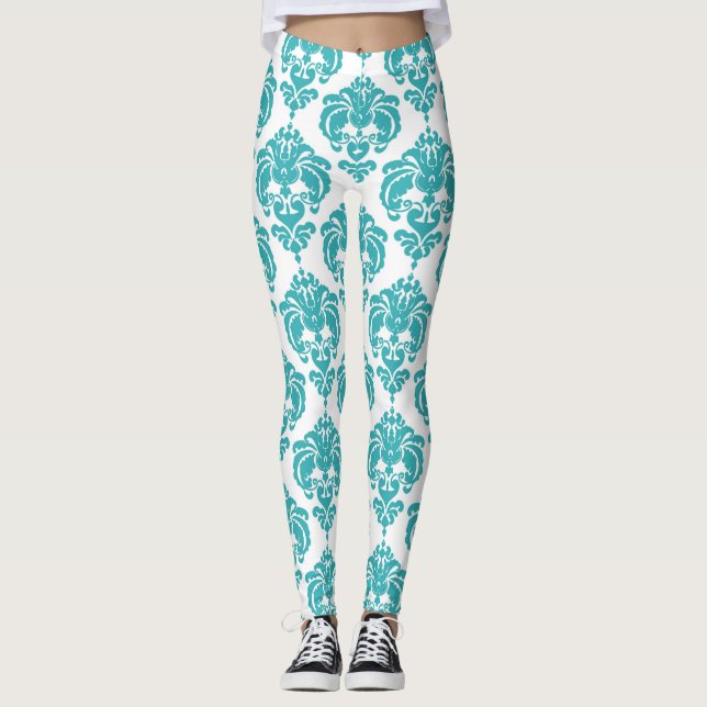 Chicen Teal & White Damask Modern Elegant Mönster Leggings (Framsida)