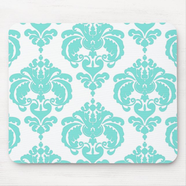 Chicen Teal & White Damask Modern Elegant Mönster Musmatta (Framsidan)