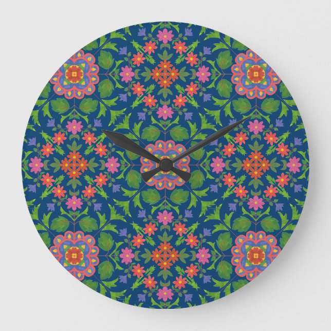 Chicens Blommigt Rangoli Deep Blue Acrylic Wall Cl Stor Klocka (Framsida)