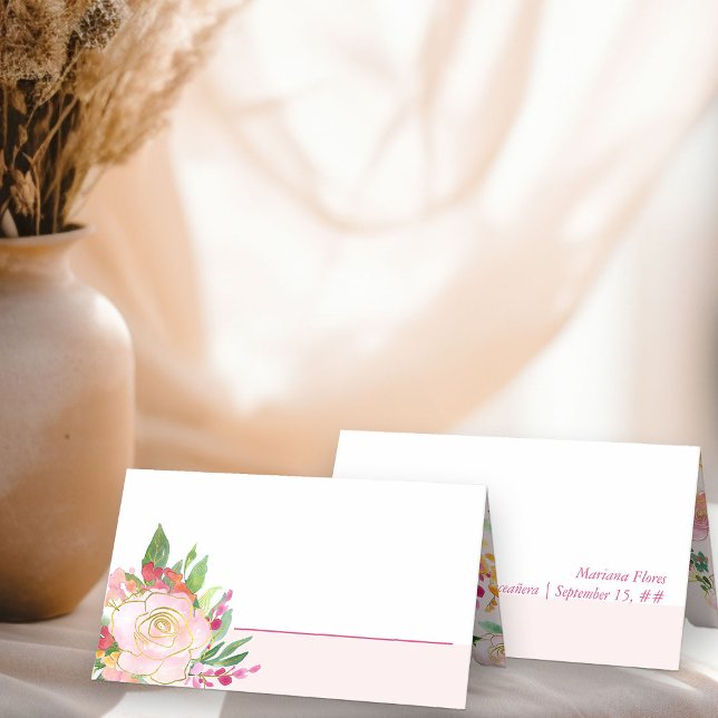 Chicens Blommigt  Rosa och Guld blomma Placeringskort (Personalized Place Cards from my Floral Chic Quinceanera Collection
)