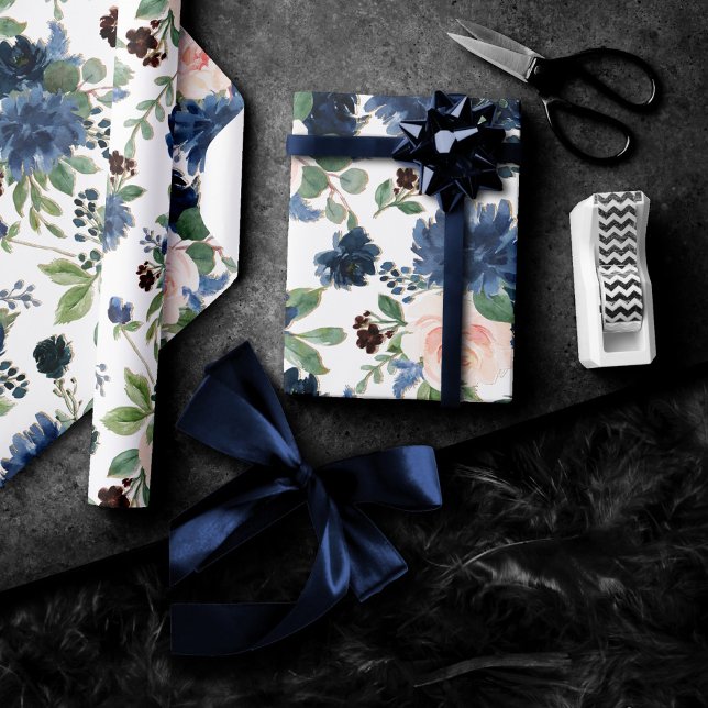 Chicens bloomar | Blått och  Blommönster i flottan Presentpapper (Skapare uppladdad)