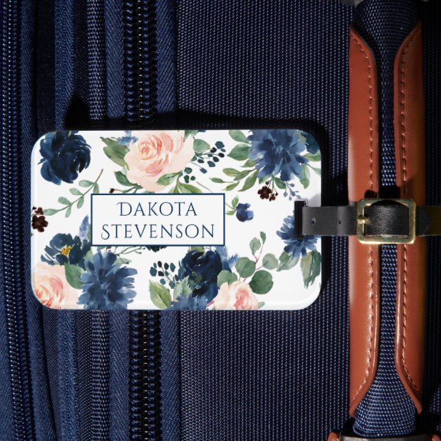 Chicens bloomar | Monogram för marin blå och  Blom Bagagebricka (Framsida Insitu 4)