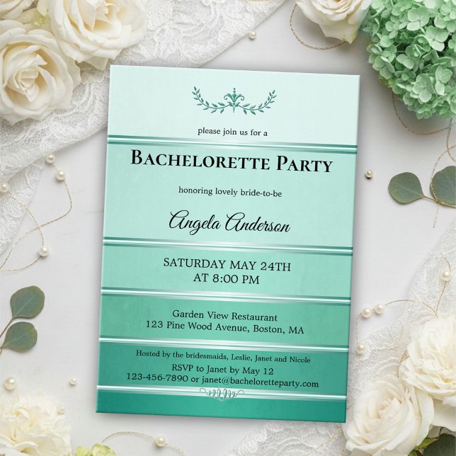 Chicens Grönt Ton på tenn Stripe Bachelorette Inbjudningar (Bachelorette party invitation featuring a painted green tone on tone striped design with silver)