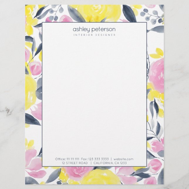 Chicens gult rosa indigo blue blommigt vattenfärg brevhuvud (Framsida)