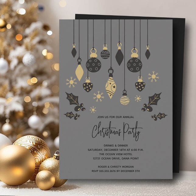Chicens julprydnader inbjudningar (Chic Christmas tree ornaments on grey party invitations, PRINTED and/or INSTANT DOWNLOAD)
