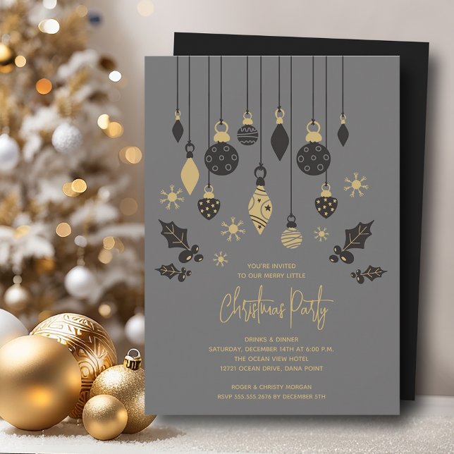 Chicens julprydnader inbjudningar (Chic Christmas tree ornaments on grey party invitations, PRINTED and/or INSTANT DOWNLOAD)