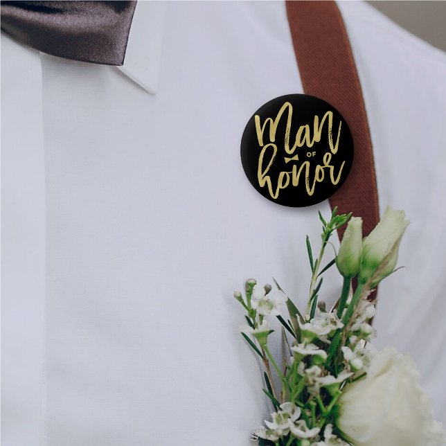 Chicens man Guld skript Brudens sida Bröllop Knapp (MAN OF HONOR Chic Gold Brush Script Calligraphy Bridal Party Wedding Pin Button @ fatfatin_blue_knot)
