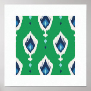 chicens moderna blåa grönt ikat mönster stamtryck poster