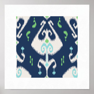chicens moderna blåa grönt ikat mönster stamtryck poster