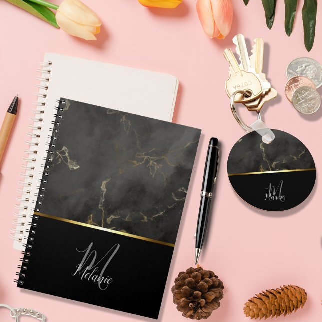 Chicens moderna Black grått marble guld monogram Nyckelring (Skapare uppladdad)