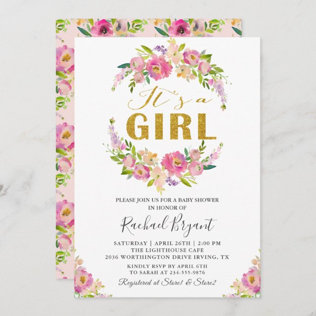 Chicens Rosa Blommigt Det är en babyskabruk för fl Inbjudningar (Fram/baksida)