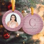 Chicens  Rosa | Monogram foto från Ro Guld Glitter Julgransprydnad Keramik<br><div class="desc">Rosa | Monogram foto Ornament från Ro Guld med plats för ditt foto- och anpassningsbar monogram. Perfekt för din födelsedag eller quinceanera!</div>