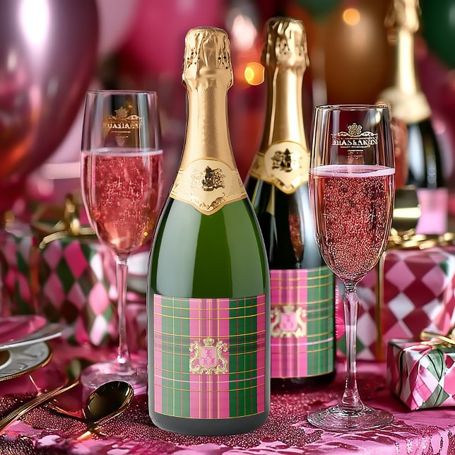 Chicens Rosa och Grönt Play Monogram Vin Flaska (Chic Pink and Green Customized Beverage Labels)