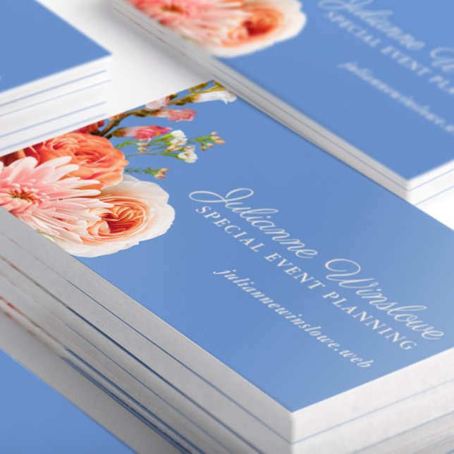 Chicens Rosa och persikoblommor på Periwinkle Visitkort (Closeup of Stacked Chic Pink and Peach Flowers Business Cards-Front)