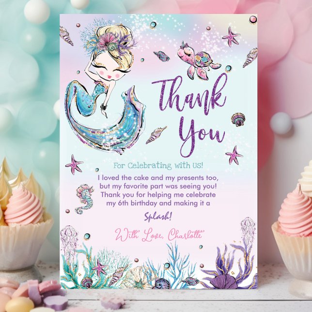 Chicens Sjöjungfru under Sea Birthday Baby Shower Tack Kort (whimsical-blonde-mermaid-under-the-sea-creatures-birthday-party-baby-shower-thank-you-cards-printed)