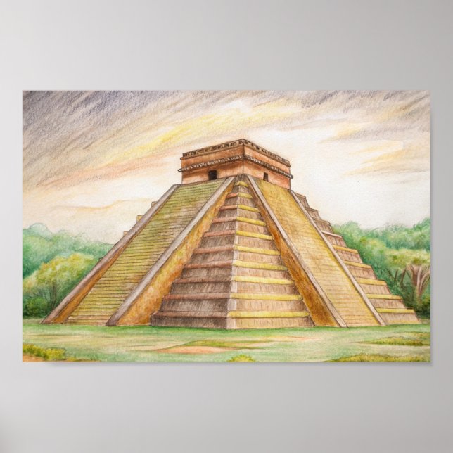 Chichen Itza Mayan Temple i Mexiko Teckning Poster (Framsidan)