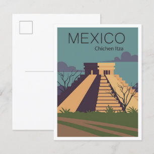 Chichen Itza Mexico Vintage resor Illustration Vykort