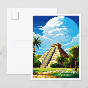 Chichen Itza Mexico vintage resor illustration Vykort