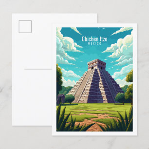 Chichen Itze Mexico vintage resor illustration Vykort