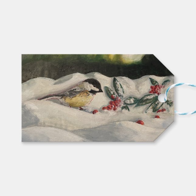 Chick-a-Dee with Mistletoe Folded Card (Blank) Presentetikett (Framsidan (Horisontell))