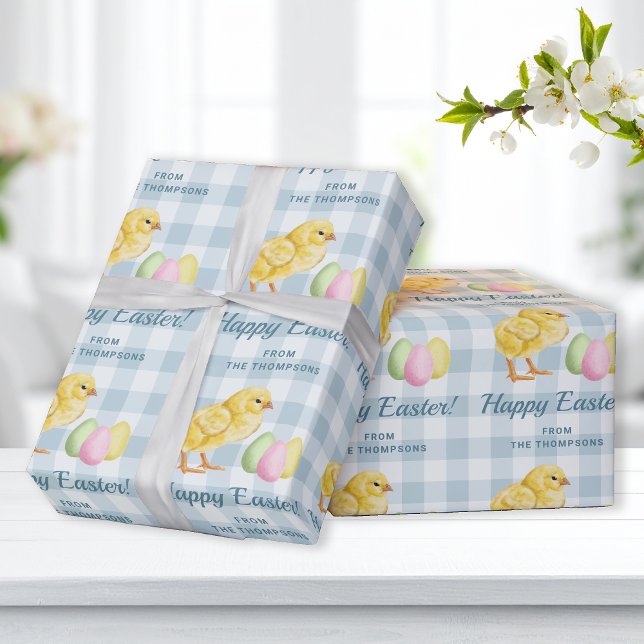 Chick And Pastel Eggs Happy Easter Blue Gingham Presentpapper (Skapare uppladdad)