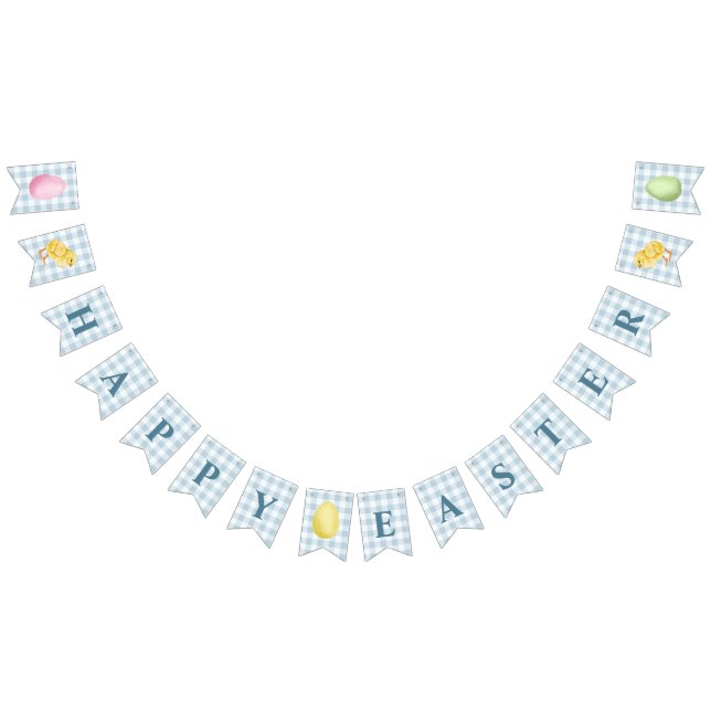 Chick And Pastel Eggs Happy Easter Blue Gingham Vimplar (Alla)