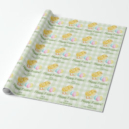 Chick And Pastel Eggs Happy Easter Green Gingham Presentpapper