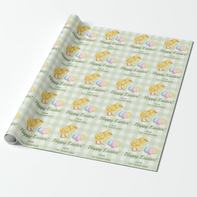 Chick And Pastel Eggs Happy Easter Green Gingham Presentpapper (Utrullad)