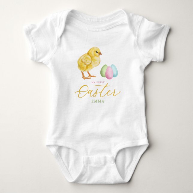Chick And Pastel Eggs With Name Baby's 1st Easter T Shirt (Framsida)