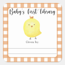 Chick Baby Shower-bokskylt - baby först bibliotek Fyrkantigt Klistermärke