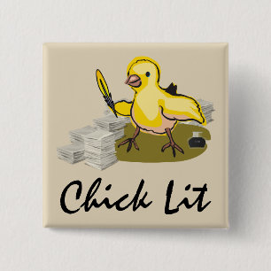 Chick Lit Writer med Papper och ludd Quill Knapp