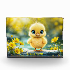 Chick med flytande ljus och stort ögon på sten