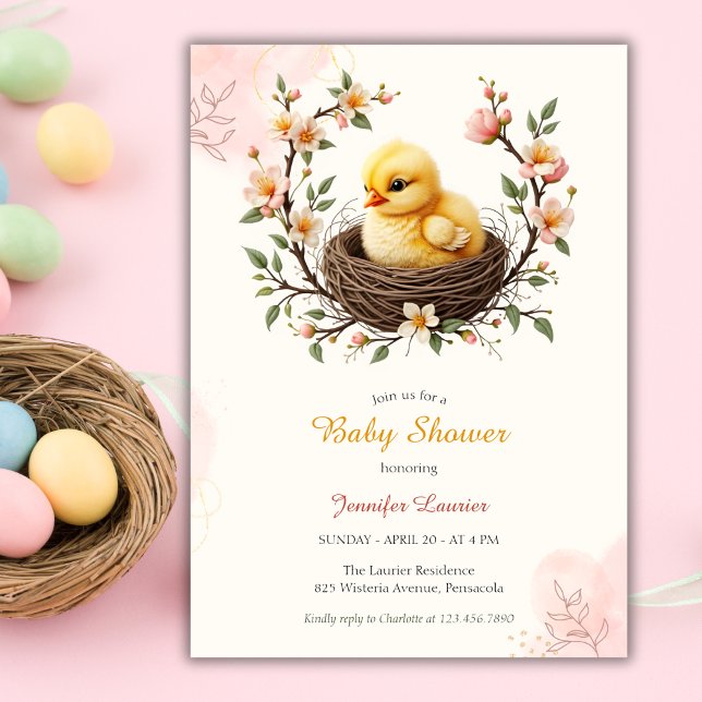 Chick Nest Rosa Blommigt Utandning Påsk Baby Showe Inbjudningar (Chick Nest Pink Floral Wreath Easter Baby Shower Invitation)