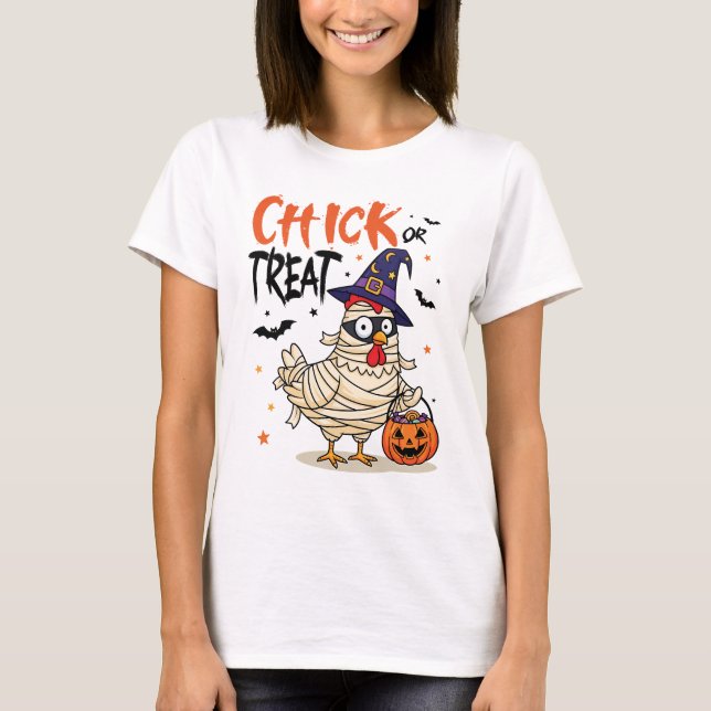 Chick or Treat - Halloween Mummy Chicken T Shirt (Framsida)